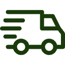 Icon of a delivery truck with three horizontal lines behind it, suggesting fast or express shipping. The design is simple and uses dark green lines on a light background.